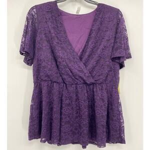 PerSeption Womens Purple V-neck Lace Ruffle Blouse Shirt Top NEW 2X